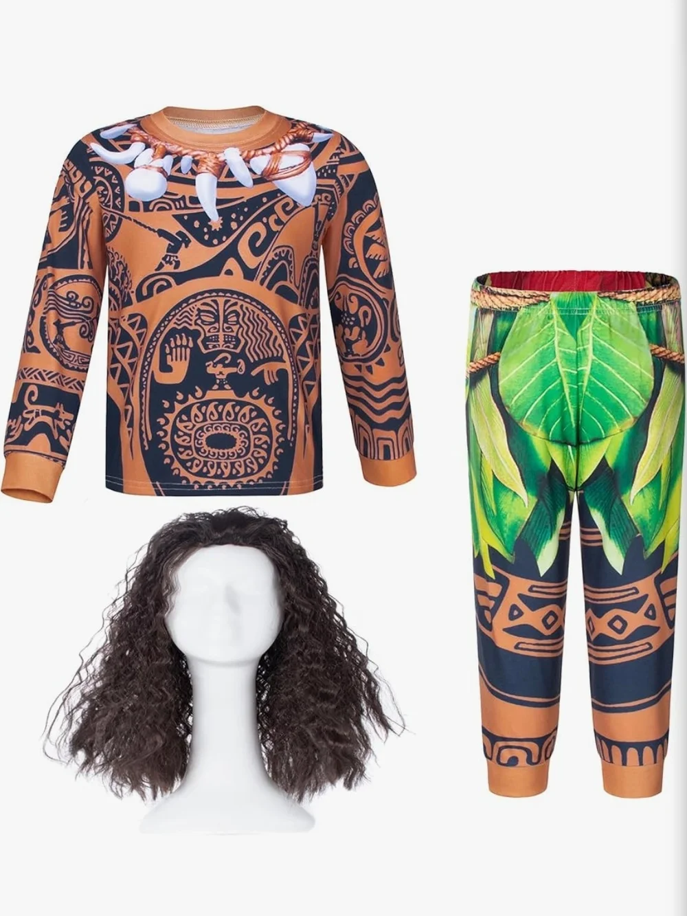 Maui Kids Brown & Green Tribal Leaf Superhero Costume with Wig